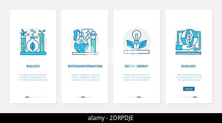 Eco green energy, ecology biology vector illustration. UX, UI onboarding mobile app page screen ecological set with line environmental technology symbols, scientific research to protect environment Stock Vector