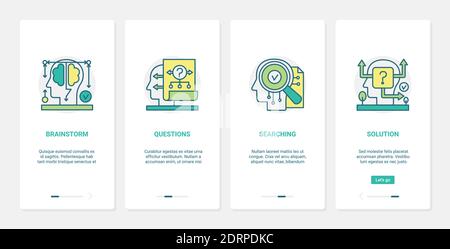 Human brain in process of searching, asking questions vector illustration. UX, UI onboarding mobile app page screen set with line brainstorm solution symbols, mental work and search on problem solving Stock Vector