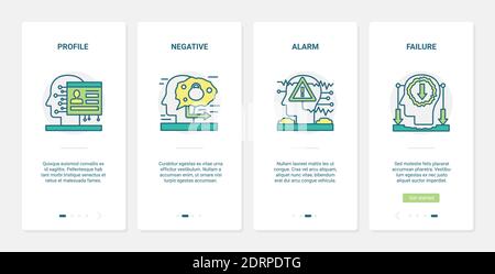 Negative stress reaction, human brain process vector illustration. UX, UI onboarding mobile app page screen set with line failure alarm symbols, negative difficult work result, unsuccessful brainstorm Stock Vector