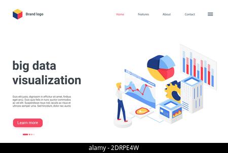 Landing page interface 3d design, cartoon financial analyst character working on research finance statistics, analyzing business graphs and data charts. Isometric big data analysis vector illustration Stock Vector