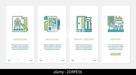 New building design, renovation reconstruction vector illustration. UX, UI onboarding mobile app page screen set with line repair house symbols, renovating measures to change design of home or office Stock Vector