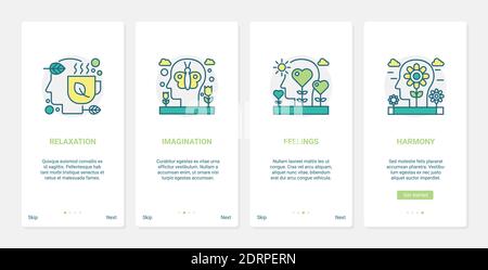 Human brain processes relaxation and feelings vector illustration. UX, UI onboarding mobile app page screen creative set with line emotional intelligence, creativity imagination, mind relax concepts Stock Vector