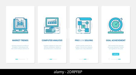 Business trend data analysis and analytics vector illustration. UX, UI onboarding mobile app page screen set with line trendy business consulting service, finance problem solving, goal achievement Stock Vector