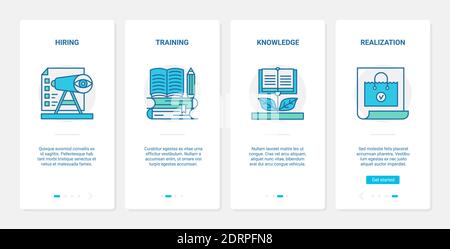 Business hiring recruiting training vector illustration. UX, UI onboarding mobile app page screen set with line hr recruitment, personal vision of businessman specialist, knowledge education symbols Stock Vector
