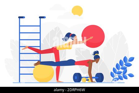 Fitness sport workout vector illustration. Cartoon flat active woman team characters doing sport exercises, working with ball, dumbbell and barbell in gym, girls in healthy activity isolated on white Stock Vector