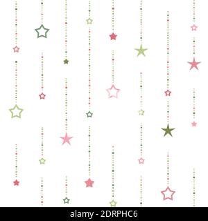Seamless ornament with red and green dots and stars on white background. beads string with balls and stars. Vector illustration. Cute stars pattern. M Stock Vector