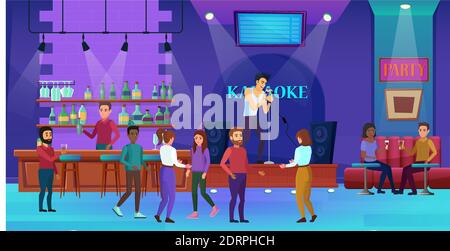 Karaoke nightlife bar vector illustration, cartoon flat man woman people group drinking wine, singing song at karaoke nightclub party background Stock Vector