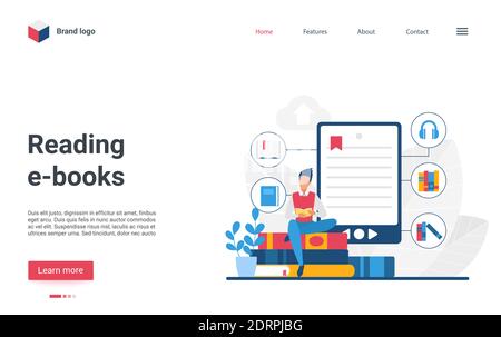 Website landing page creative design with cartoon man student character reading book, using bookreader or smartphone library app. Online distance education, e-books technology vector illustration Stock Vector