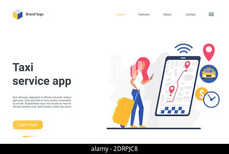 Flat cartoon woman character using smartphone to order taxi cab, sharing point location on city map landing page. Website design for transport order company, online car service app vector illustration Stock Vector