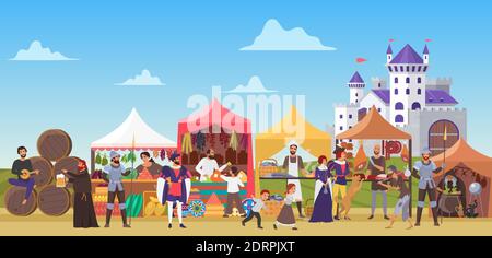 Medieval fair vector illustration. Cartoon flat middle ages or fairy tale fair market with lady and sir characters standing in costumes of feudal lords, jester dancing, priest drinking beer background Stock Vector