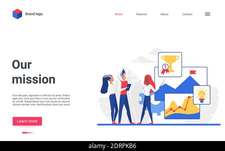 Employee characters in success workflow process, working on business presentation landing page. Cartoon creative website design with successful project for business people team vector illustration Stock Vector