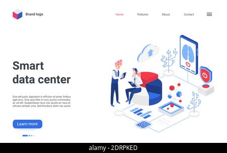Cartoon website design, landing page with 3d tiny user people and artificial brain intelligence on virtual screen working together, database support. Isometric smart data center vector illustration Stock Vector