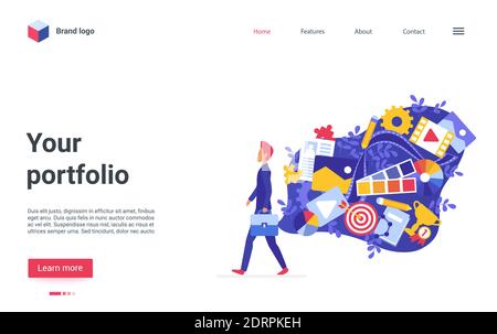 Creative idea, digital portfolio online landing page. Cartoon modern trendy website interface for art studio, designer agency with freelancer artist character and artwork cloud vector illustration Stock Vector