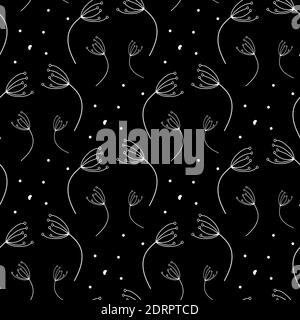 Floral pattern of dandelions. Seamless simple black background with flying dandelion eps10 Stock Vector