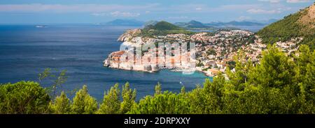Dubrovnik, Dubrovnik-Neretva, Croatia. Panoramic view over the Old Town from hillside above the Adriatic Sea. Stock Photo