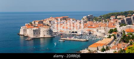 Dubrovnik, Dubrovnik-Neretva, Croatia. Panoramic view over the Old Town from hillside above the Adriatic Sea. Stock Photo