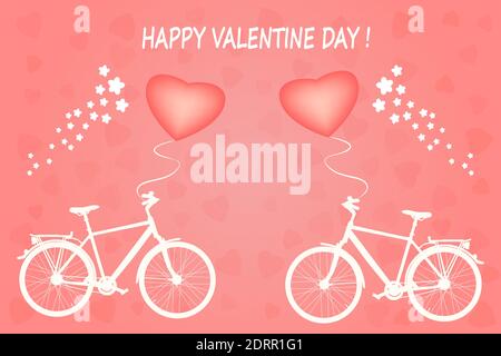 Greeting card with two bicycle and heart shape air balloons. Valentines Day. Happy Lovers.White silhouette of bike and heart on pink background.Vector Stock Vector