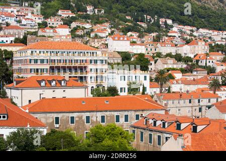 Dubrovnik, Dubrovnik-Neretva, Croatia. View over the colourful tiled rooftops of the Pile district. Stock Photo