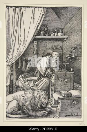 Artist: Albrecht Dürer, German, 1471–1528, Saint Jerome in his Cell, Woodcut, block: 23.5 × 15.88 cm (9 1/4 × 6 1/4 in.), Made in Germany, German, 16th century, Works on Paper - Prints Stock Photo