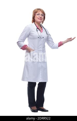 Cheerful doctor woman making a welcome gesture raising arms over head Stock Photo