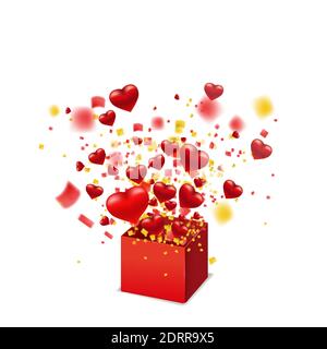 Open red gift box present with flying hearts, burst explosion confetti foil. Happy Valentines day gift box. Vector illustration poster, banner, card Stock Vector