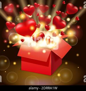 Open red gift box present with flying hearts and bright rays of light, burst explosion. Happy Valentines day gift box. Vector illustration poster Stock Vector