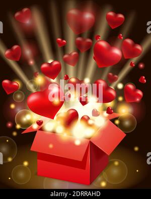 Open red gift box present with flying hearts and bright rays of light, burst explosion. Happy Valentines day gift box. Vector illustration poster Stock Vector