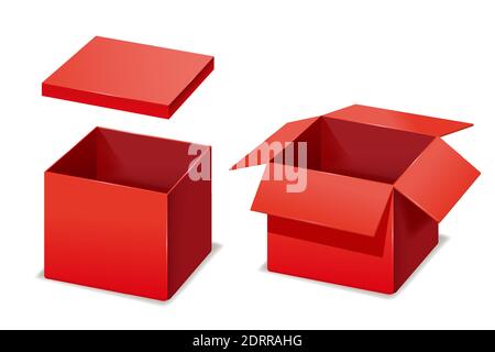 Red boxes opened, paper, cardboard. Vector template isolated mockup for design products, package, branding. Stock Vector