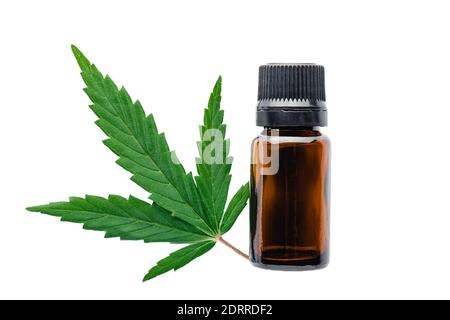 Hemp oil essential oil in black glass bottle with cannabis leaves isolated on white background. Cannabis leaf with skincare cosmetic product Stock Photo