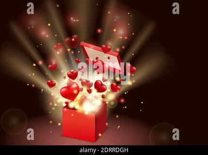 Happy Valentines day gift box open present with flying hearts and bright rays of light, burst explosion. Happy Valentines day gift box. Vector Stock Vector