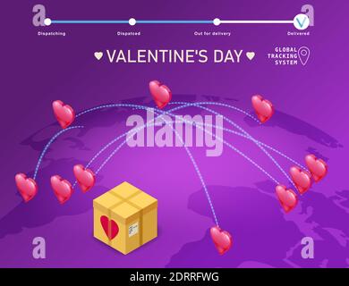Valentines day gift boxes delivery, map Earth delivery tracking logistics cargo. Vector isolated illustration template Stock Vector