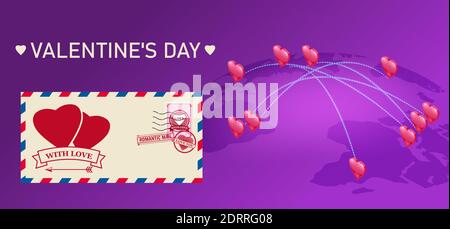 Valentines day Envelope mail hearts post stamps, map Earth delivery letters. Vector isolated illustration template Stock Vector