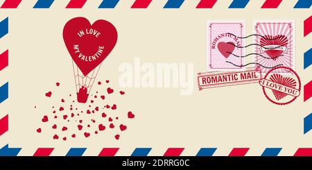 Mail envelope for Valentine s day with heart shaped balloon with lowers, post stamp. Template vector illustration isolated Stock Vector