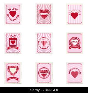 Set Valentine s day postage stamps, collection for postcard, mail envelope. Hearts, retro, vintage, vector, isolated Stock Vector
