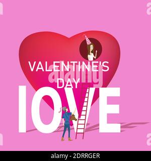 Beautiful Princess and Prince romantic scene Valentines day. Big Heart stairs Prince with crown sword and Princess on top heart. Vector illustration Stock Vector
