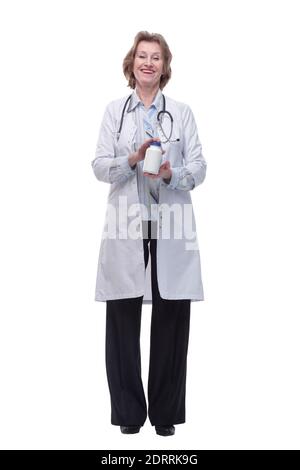 Confident doctor holding a pill bottle and introducing the properties of the painkiller. Stock Photo