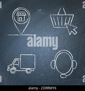 Chalkboard buying online icon set. Ecommerce, shop address, support and delivery symbols on blackboard. Vector illustration. Stock Vector
