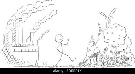 Vector cartoon stick figure illustration of man walking from place with nature destroyed by pollution from heavy industry and coal plants, to nice future of renewable resources of energy. Stock Vector