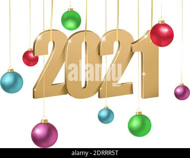 3d realistic vector golden 2021 happy new year letters with Christmas decorations colorful balls. Isolated on white background. Stock Vector