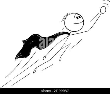 Vector cartoon stick figure illustration of successful man or businessman flying up as superhero in heroic pose. Stock Vector