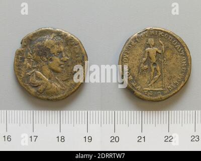 Ruler: Caracalla, Roman Emperor, A.D. 188–217, ruled A.D. 198–217, Mint: Nicopolis ad Istrum, 4 Assaria of Caracalla, Roman Emperor from Nicopolis, 198–217, Orichalcum, 14.10 g, 7:00, 27.5 mm, Made in Nicopolis ad Istrum, Moesia Inferior, Roman, 3rd century, Numismatics Stock Photo