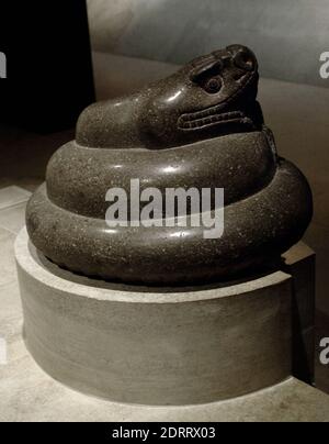 Pre-colombian. Aztec coiled rattlesnake, c. 1325-1521. Granite. Height : 36 cms., diameter: 53 cms. British Museum, London, England, United Kingdom. Stock Photo