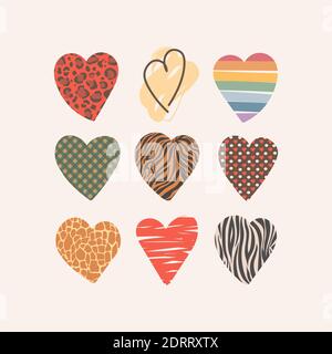 Set of valentine hearts of different textures. Vector hand drawn design elements for cards, textiles, paper, stickers. Leopard, brindle, cage, rainbow Stock Vector