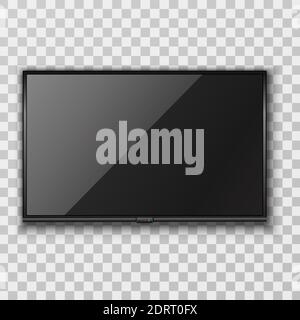 3d realistic vector black screen TV hanging on the wall, transparent background. Stock Vector