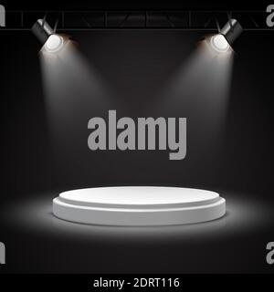 3d realistic vector spot lights on round white podium in the darkness. Stock Vector