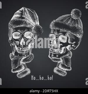 Set Hand drawn sketch human skull with santa hat and fur scarf. Chalk graphic Engraving art isolated on chalkboard background. Alternative Christmas Stock Vector