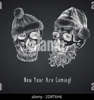 Set Hand drawn sketch human skull with santa hat and fur scarf. Chalk graphic Engraving art isolated on chalkboard background. Alternative Christmas Stock Vector
