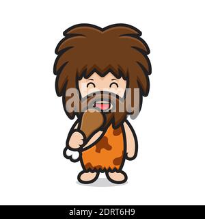 cute ancient man character holding meat. design isolated on white background Stock Photo