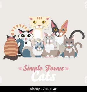Flat cats isolated vector set. Cartoon illustration icons domestic cat Stock Vector