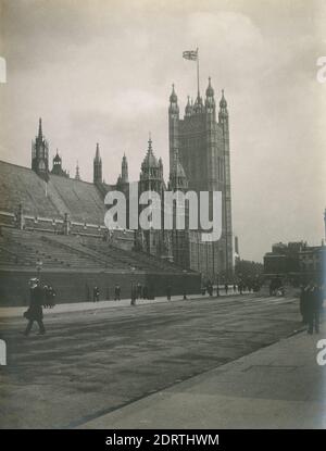Antique c1900 photograph, Palace of Westminster from Abingdon Street in London, England. There are bleachers set up in front of Westminster Hall, perhaps for the Coronation procession of King Edward VII in 1902. SOURCE: ORIGINAL PHOTOGRAPH